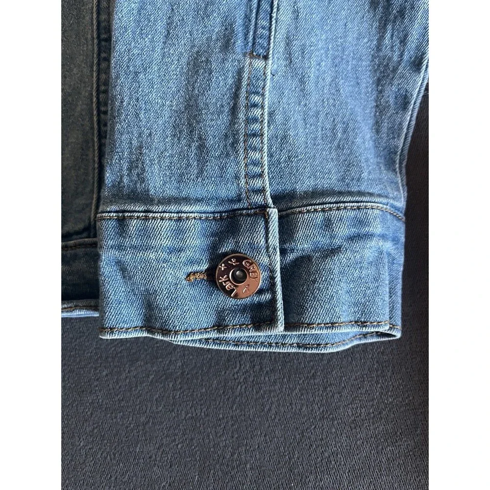 Lark + Grey Women’s Blue Denim Jacket Button Front Collared Stretch Short L